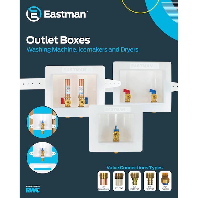 Eastman Center Drain Washing Machine Outlet Box with Hammer Arrestors – 1/2 in. Crimp PEX