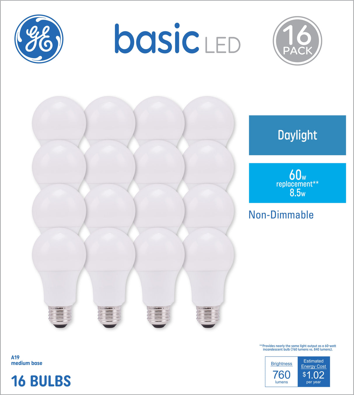 GE Basic 60-Watt EQ A19 Tageslicht-LED-Glühbirne (16er-Pack)