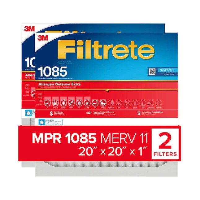 Filtrete Filtro de aire plisado extra electrostático de defensa de alérgenos MERV 1085 MPR de 20 pulgadas de ancho x 20 pulgadas de largo x 1 pulgada (paquete de 2)