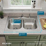 Elkay Dayton 33" x 22" Drop-In Stainless Steel Double Equal Bowl 4-Hole Stainless Steel Kitchen Sink