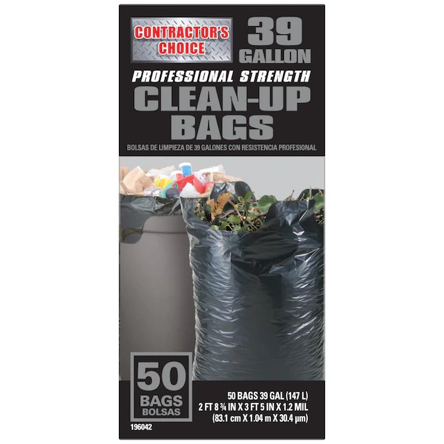 Contractor's Choice Contractor 50 bolsas de basura con solapa de construcción de plástico negro para exteriores de 39 galones