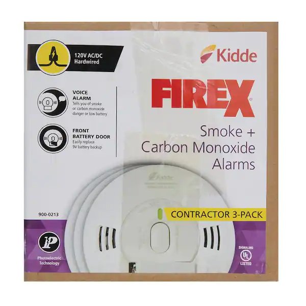 Kidde Firex Detector de humo y monóxido de carbono, cableado con respaldo de batería de 9 V y alarma de voz, paquete de 3