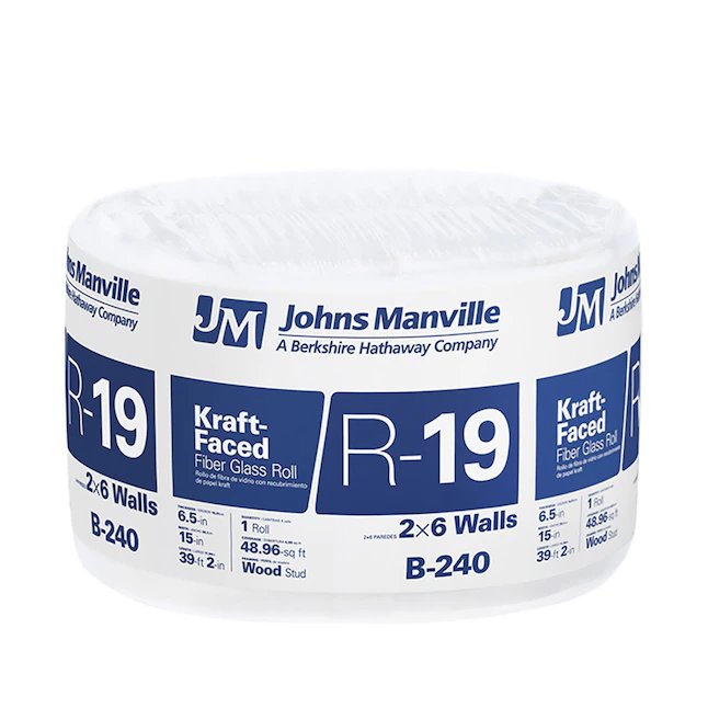 Johns Manville R- 19 Rollo de aislamiento de fibra de vidrio con revestimiento Kraft para pared, 48,96 pies cuadrados (15 pulgadas de ancho x 39,17 pies de largo), paquete individual