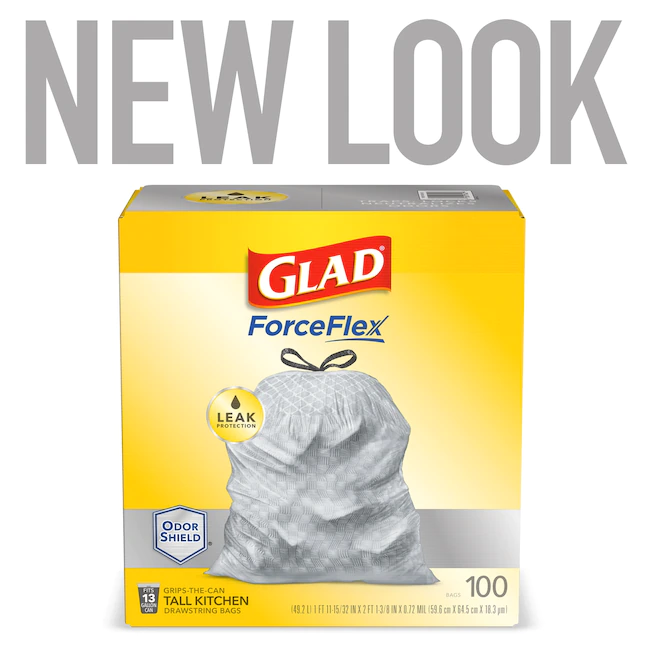 Glad ForceFlex 100er-Pack 13-Gallonen-Müllbeutel aus grauem Kunststoff für die Küche mit Kordelzug