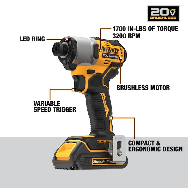 DeWalt Brushless 20-volt Max 1/4-in Variable Speed Brushless Cordless Impact Driver (2-Batteries Included)