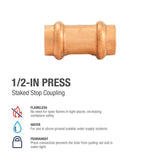 Prensa de cobre de 1/2 pulg. x 1/2 pulg. x acoplamiento de presión de prensa con tope