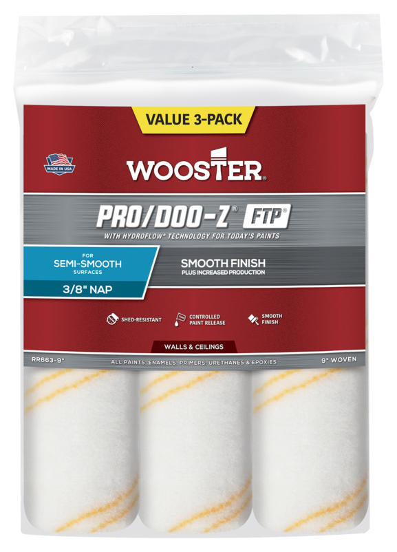 Cubiertas para rodillos de pintura Wooster Pro/Doo-Z® FTP®, 9" de longitud Ftp 3/8-in, paquete de 3.