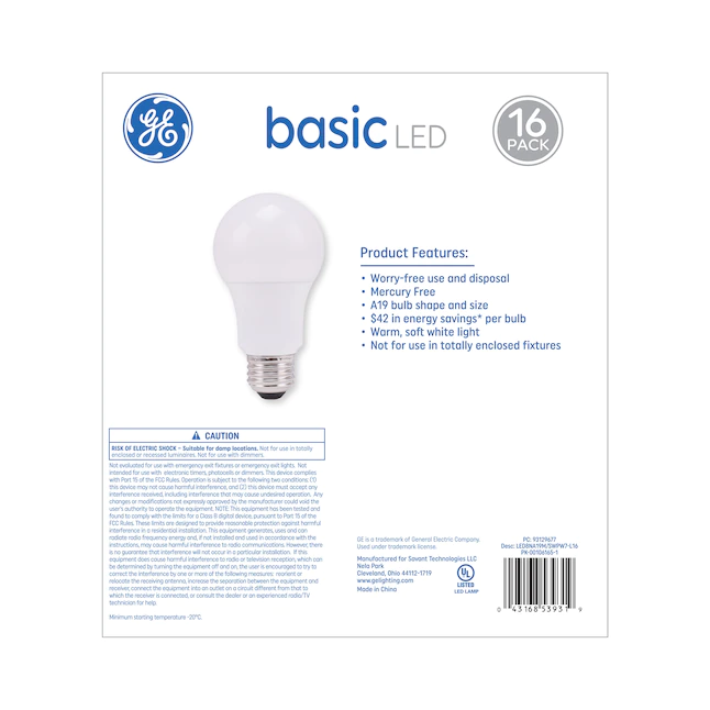 GE Basic - Bombilla LED blanca suave EQ A19 de 60 W (paquete de 16)
