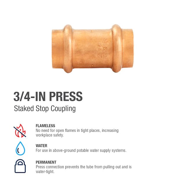 Prensa de cobre de 3/4 pulg. x 3/4 pulg. x acoplamiento de presión de prensa con tope