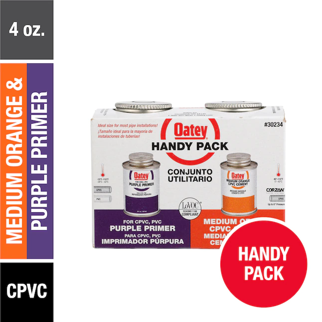 Oatey Handy Pack Cemento e imprimador de CPVC morado y naranja de 4 onzas líquidas