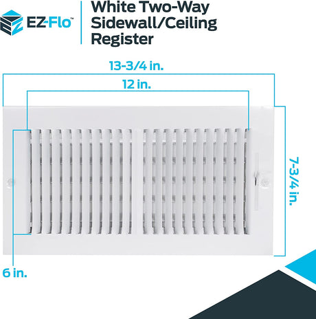 EZ-FLO Registro de techo/pared lateral de acero con ventilación bidireccional de 12 x 6 pulgadas, apertura de conducto de acero