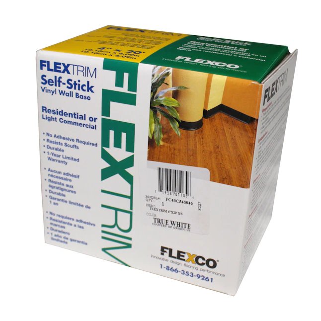 Flexco Self-Stick True White 0.08 pulgadas T x 4 pulgadas W x 240 pulgadas L Base de vinilo para piso y pared