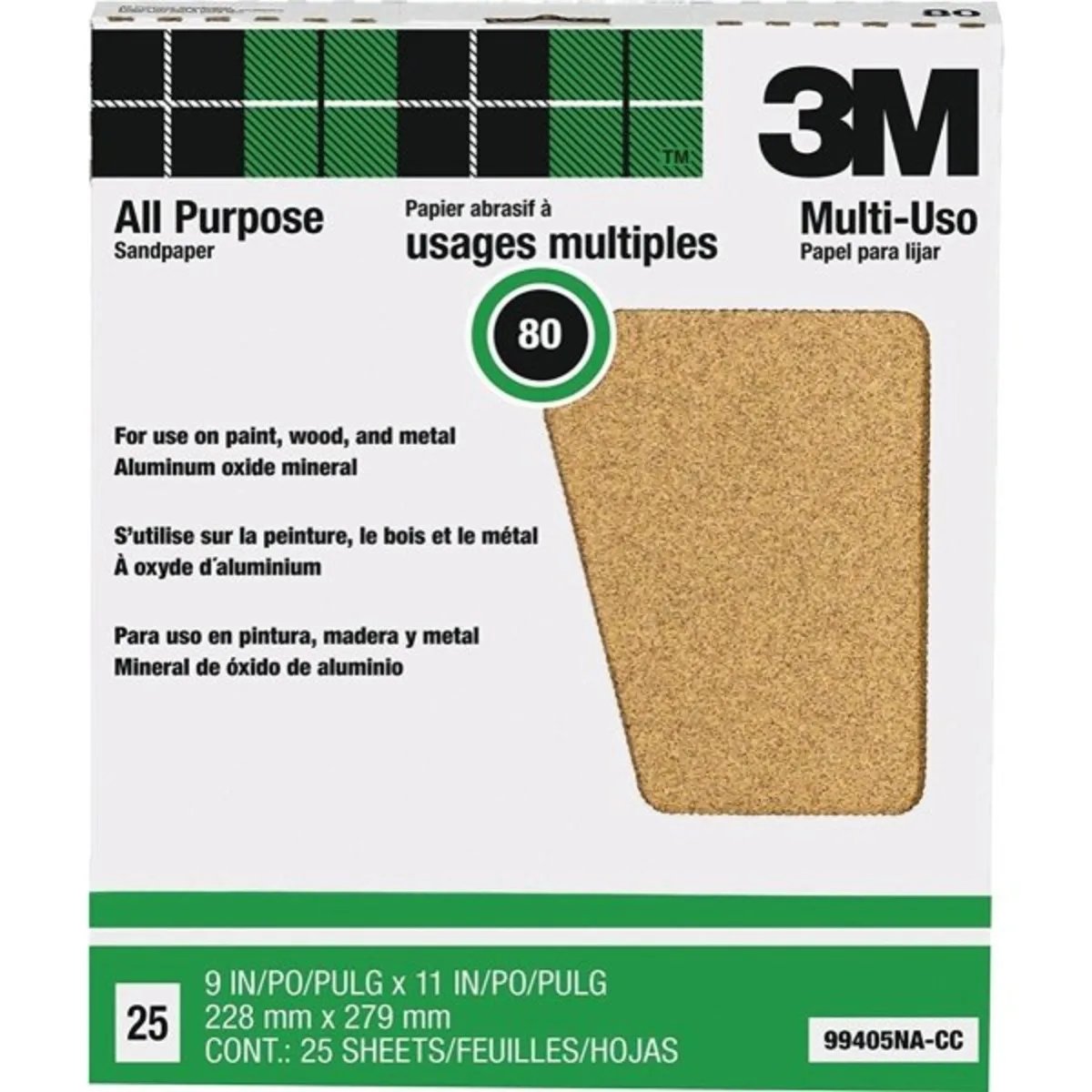 Papel de lija multiusos de grano 80D de 9" x 11" de 3M (paquete de 25)
