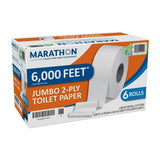 Papel higiénico Marathon Jumbo Roll de 2 capas, caja fuerte séptica (1000 pies/rollo, 6 rollos/caja)