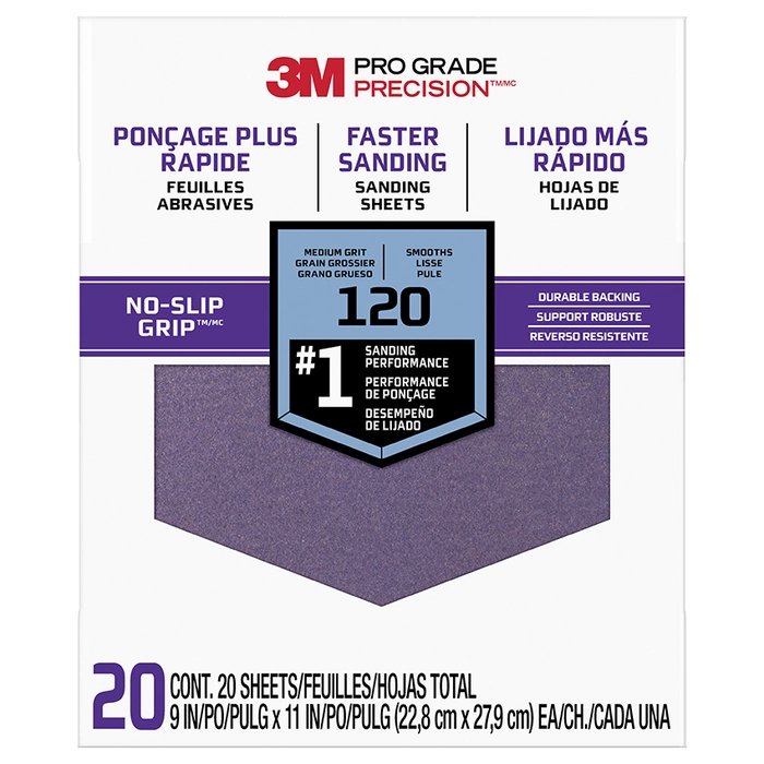 3M 9″ x 11″ Pro Grade Precision No-Slip Grip Sanding Sheet, 120-Grit, 20-Pack