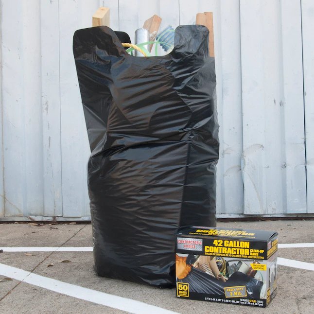 Contractor's Choice Contractor 50 bolsas de basura con solapa de construcción de plástico negro para exteriores de 42 galones