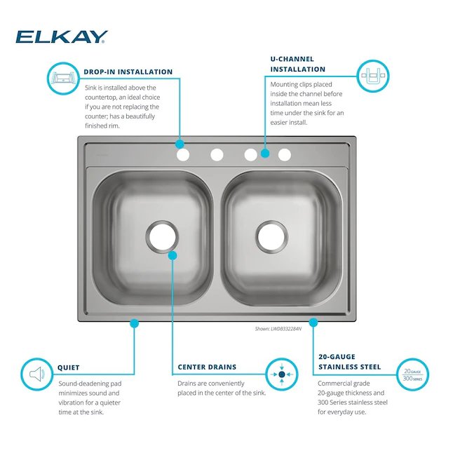 Elkay Dayton Fregadero de cocina de acero inoxidable de 33 x 22 pulgadas con cuenco doble igual y 4 agujeros