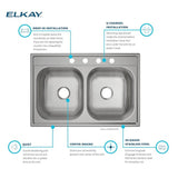 Elkay Dayton Fregadero de cocina de acero inoxidable de 33 x 22 pulgadas con cuenco doble igual y 4 agujeros