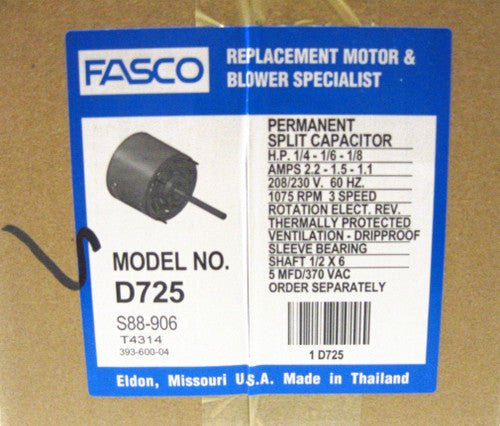 Fasco® Air Handler Fan Motor D725 1/4 HP 1075 RPM 230 Volts