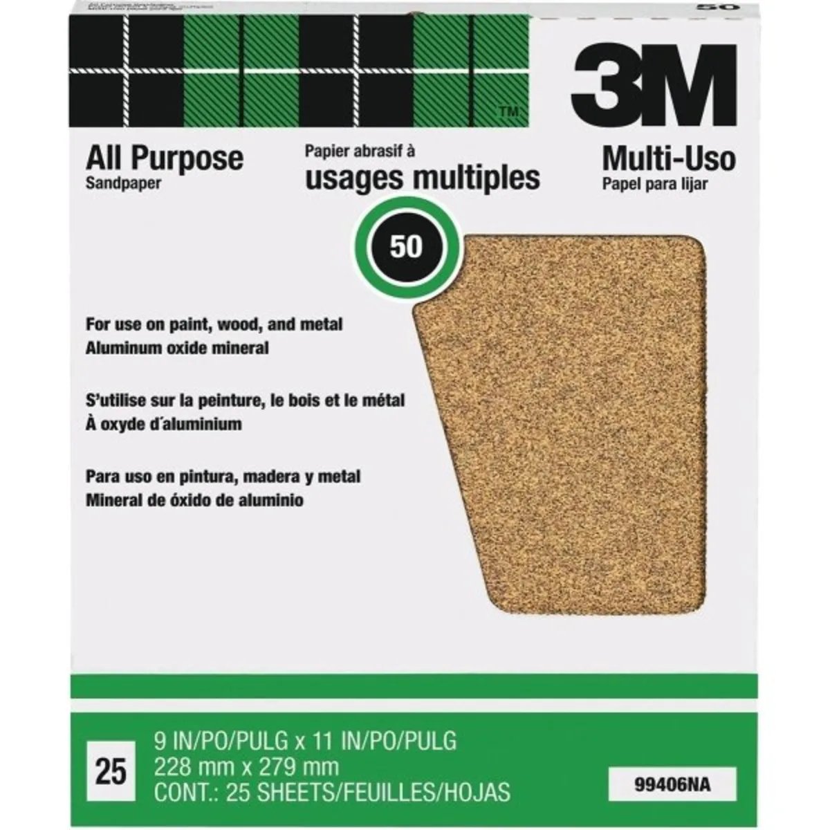 3M 9" x 11" All Purpose 50D Alox Sandpaper - 25 Pack