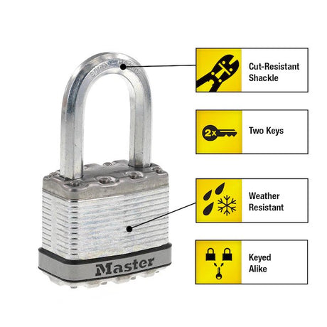 Master Lock Candado con llave para exteriores de alta resistencia, grillete de 2 pulgadas de ancho x 1-1/2 pulgadas con llaves iguales (paquete de 2)