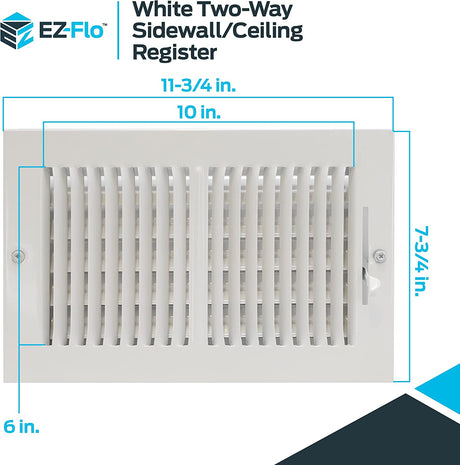 EZ-FLO 10 x 6 Inch Two-Way Ventilation Steel Sidewall/Ceiling Register, Steel Duct Opening