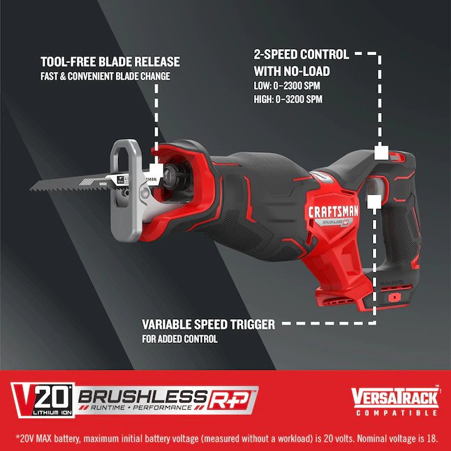 CRAFTSMAN  V20 RP 20-volt Max Variable Speed Brushless Cordless Reciprocating Saw (Tool Only)