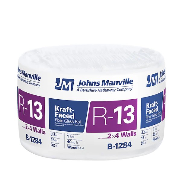 Johns Manville R- 13 Rollo de aislamiento de fibra de vidrio con revestimiento Kraft para pared, paquete individual de 40 pies cuadrados (15 pulgadas de ancho x 32 pies de largo)