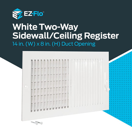 EZ-FLO 14 x 8 Inch Two-Way Ventilation Steel Sidewall/Ceiling Register, Steel Duct Opening