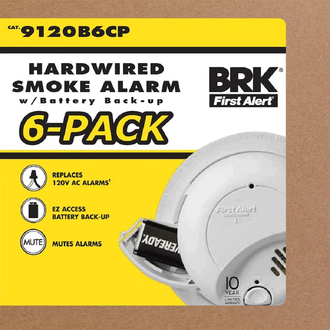 BRK First Alert Festverdrahteter 120-V-Rauchmelder mit Batterie-Backup – 6er-Pack