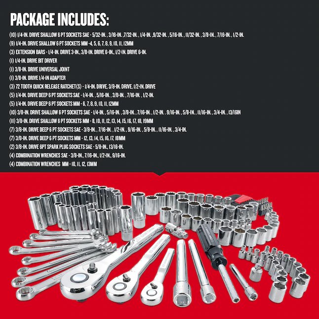 CRAFTSMAN  135-Piece Standard (SAE) and Metric Combination Polished Chrome Mechanics Tool Set (1/4-in; 3/8-in; 1/2-in) with Hard Case